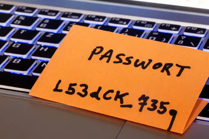 Zettel mit einem Passwort auf der Tastatur eines Laptops