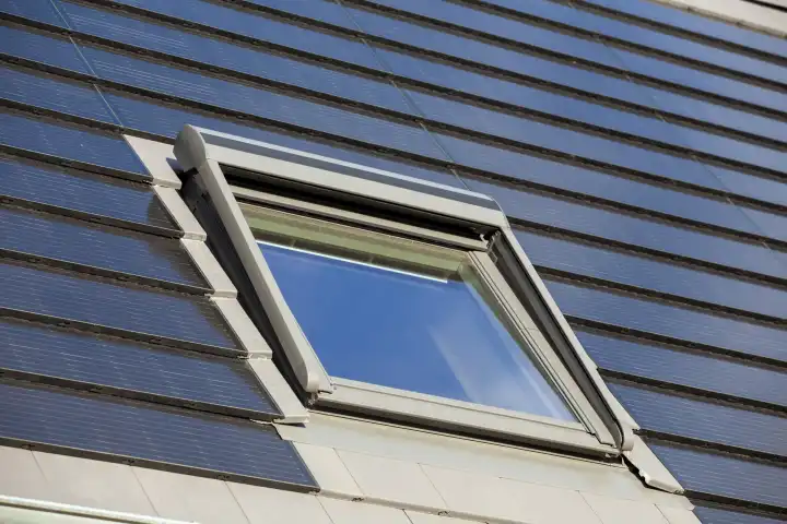 Roof window at a single-family house with solar roof tiles. Solar bricks are a beautiful and high-quality alternative to common photovoltaic systems
