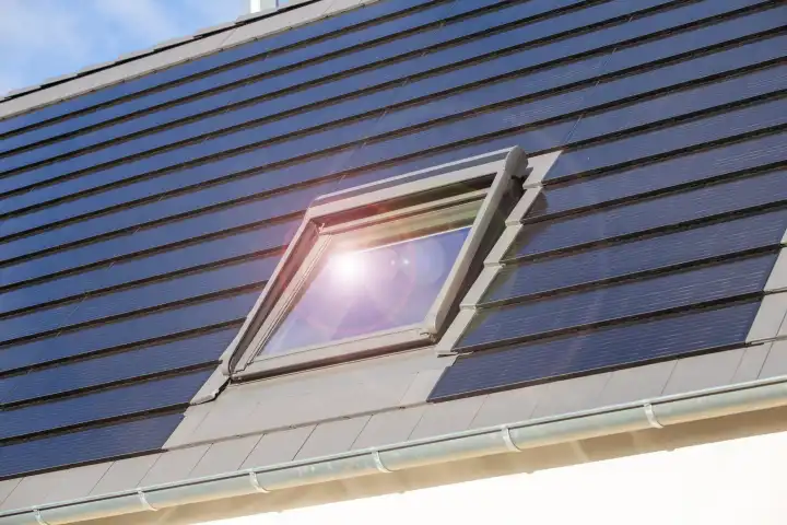 Roof window at a single-family house with solar roof tiles. Solar bricks are a beautiful and high-quality alternative to common photovoltaic systems