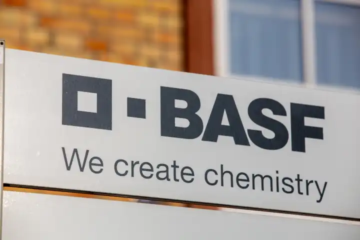February 2024: BASF sign at the entrance to the main plant in Ludwigshafen am Rhein