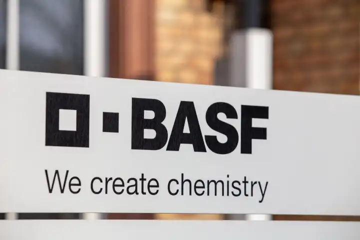 February 2024: BASF sign at the entrance to the main plant in Ludwigshafen am Rhein