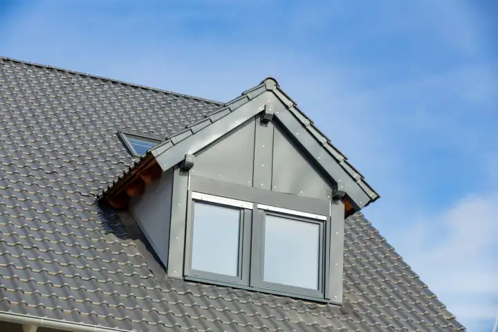 Dormer window on a tiled roof, clad with titanium zinc on the front side