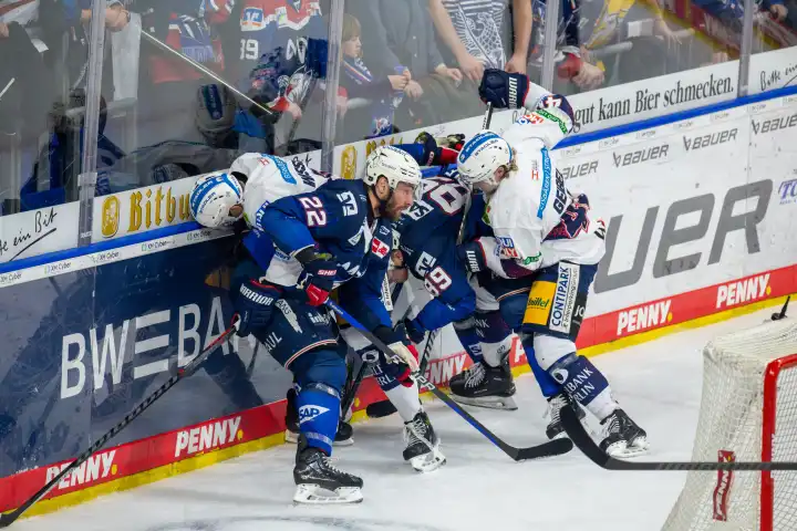 20.03.2024, DEL, German Ice Hockey League season 2023/24, 2nd playoff round (quarter-finals): Adler Mannheim against Eisbären Berlin (2:4). Intense battle for the puck at the boards
