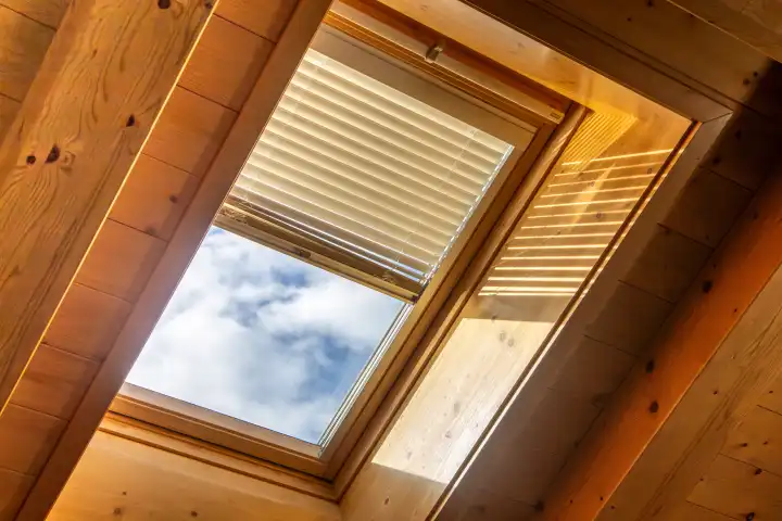 Interior view of a skylight with electronic blinds on a ceiling with wooden cladding