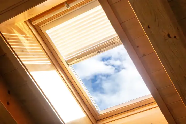 Interior view of a skylight with electronic blinds on a ceiling with wooden cladding