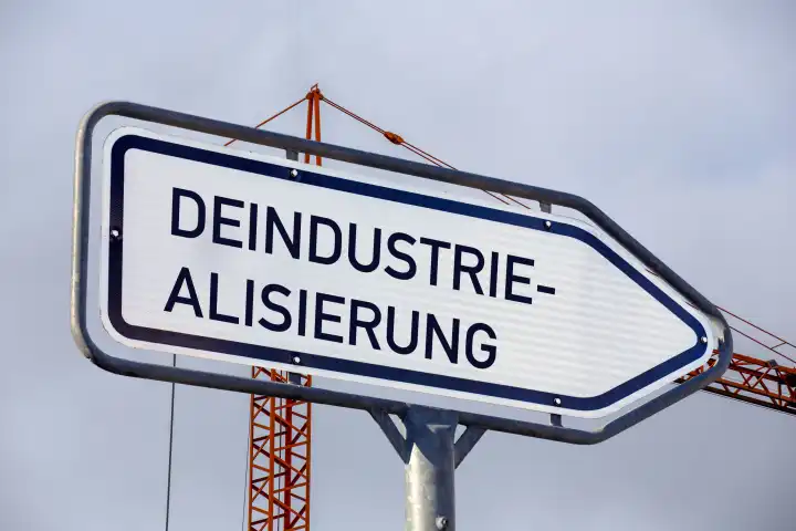 Symbolbild Deindustriealisierung in Deutschland: Richtungspfeil mit der Aufschrift DEINDUSTRIEALISIERUNG vor einem Baukran (Composing)