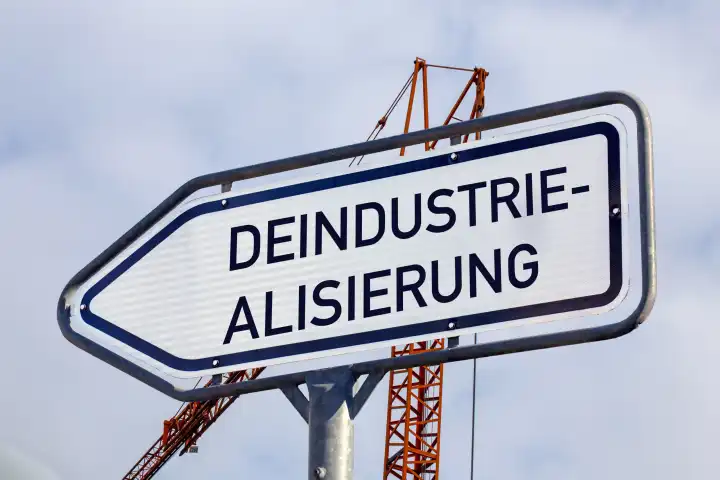 Symbolbild Deindustriealisierung in Deutschland: Richtungspfeil mit der Aufschrift DEINDUSTRIEALISIERUNG vor einem Baukran (Composing)
