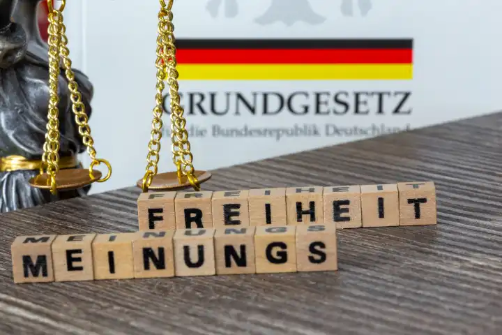 Symbolbild Meinungsfreiheit in Deutschland: Das Wort MEINUNGSFREIHEIT in Buchstabenwürfeln neben der Waage der Justitia und dem Grundgesetz