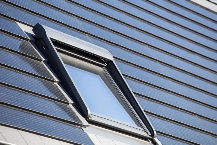 Dachfenster an einem Einfamilienhaus mit Solardachziegeln. Solarziegeln sind eine schöne und hochwertige Alternative zu gängigen Photovoltaikanlagen