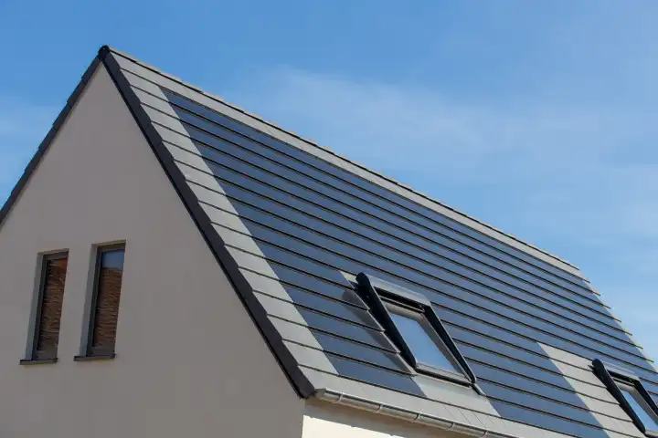 Solardach: Einfamilienhaus mit Solardachziegeln als hochwertige und schöne Alternative zu gängigen Photovoltaikanlagen