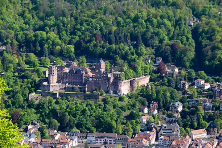 Blick auf das Heidelberger Schloss vom Heiligenberg auf der gegenüberliegenden Seite des Neckars