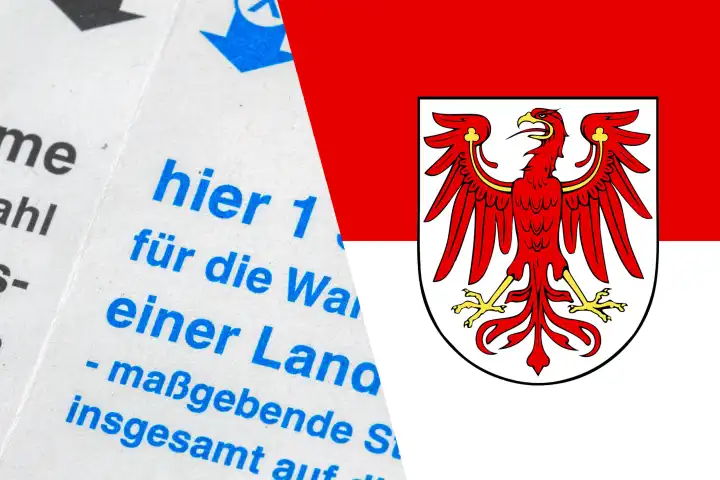 Symbolbild Landtagswahl in Brandenburg: Flagge von Brandenburg und Nahaufnahme von einem Stimmzettel. Im September 2024 findet die nächste Landtagswahl statt