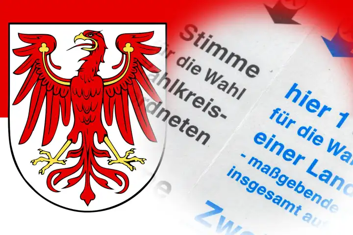 Symbolbild Landtagswahl in Brandenburg: Flagge von Brandenburg und Nahaufnahme von einem Stimmzettel. Im September 2024 findet die nächste Landtagswahl statt