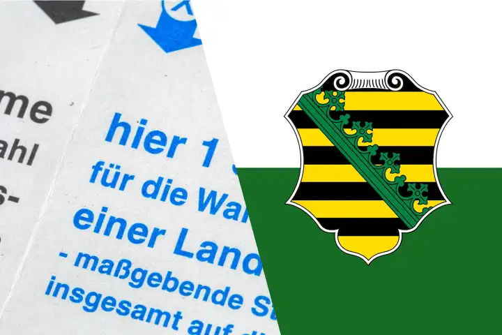 Symbolbild Landtagswahl in Sachsen: Flagge von Sachsen und Nahaufnahme von einem Stimmzettel. Im September 2024 findet die nächste Landtagswahl statt