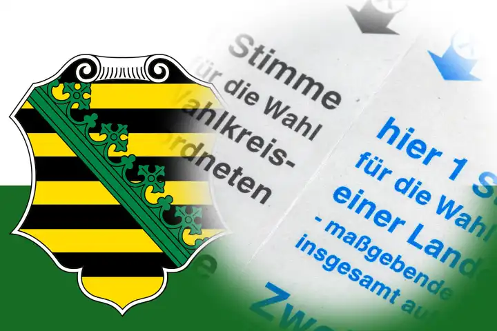 Symbolbild Landtagswahl in Sachsen: Flagge von Sachsen und Nahaufnahme von einem Stimmzettel. Im September 2024 findet die nächste Landtagswahl statt