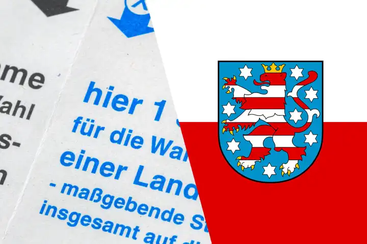 Symbolbild Landtagswahl in Thüringen: Flagge von Thüringen und Nahaufnahme von einem Stimmzettel. Im September 2024 findet die nächste Landtagswahl statt