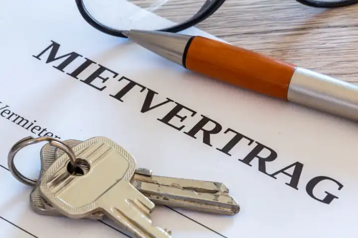 Symbolic image of rental agreement: close-up of a rental agreement and front door key