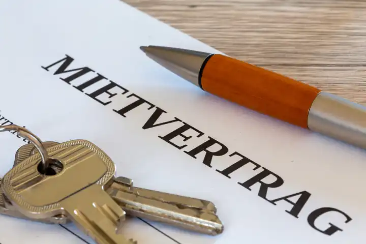 Symbolic image of rental agreement: close-up of a rental agreement and front door key