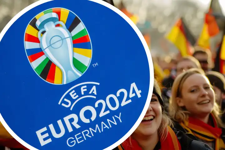 Logo der UEFA-EURO 2024 neben feiernden Fans (Fans K.I.-generiert): Die Europameisterschaft 2024 findet vom 14. Juni 2024 bis 14. Juli 2024 in Deutschland statt