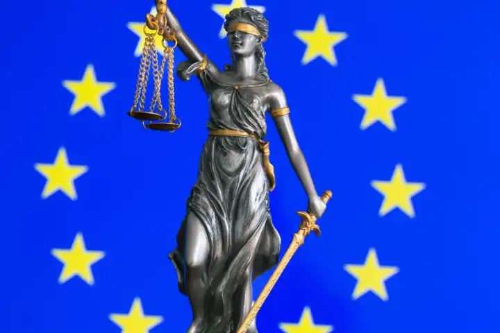 Symbolic image: Justitia in front of a European flag