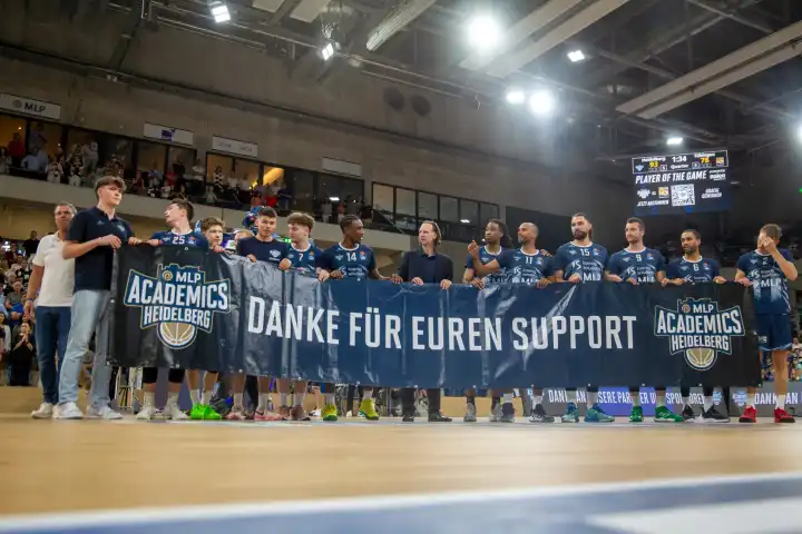 12.05.2024, easy Credit BBL, Basketball Bundesliga, Matchday 32: MLP Academics Heidelberg against Tigers Tübingen (final score 93:78). After the game, the Academics team is delighted to have secured its place in the league and thanks the fans