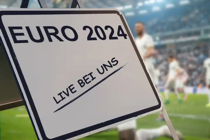 Symbolbild Public Viewing bei der UEFA EURO 2024: Aufsteller mit der Aufschrift EURO 2024 LIVE BEI UNS in einem Fußballstadion (Composing)