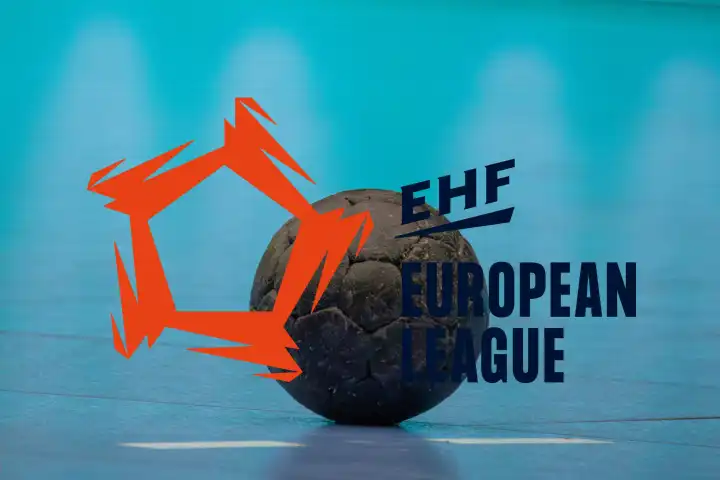 Symbolbild EHF European League (Handball): Logo und Nahaufnahme von einem Handball