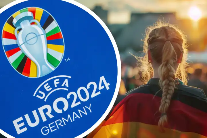 UEFA-EURO 2024 logo next to celebrating fans (fans A.I.-generated): The European Championship 2024 will take place in Germany from June 14, 2024 to July 14, 2024