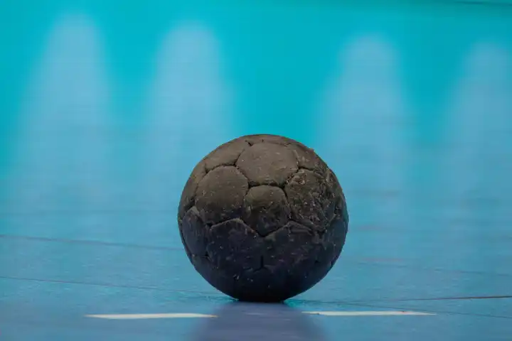 Nahaufnahme von einem Handball auf dem Boden einer Halle



