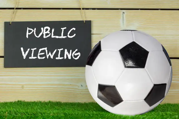Symbolbild Public Viewing (Fußball): Schild auf einer Holztafel mit der Aufschrift PUBLIC VIEWING