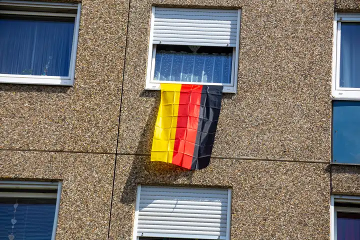 German flag on a high-rise window in the run-up to the upcoming European Football Championship in Germany flag