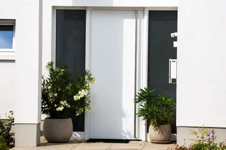 Moderne weiße Haustür an einem Wohnhaus

