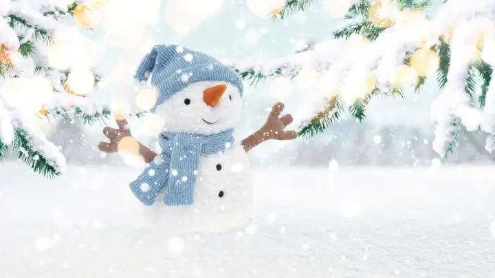 Beautiful fun snowman with a scarf and hat stands in the snow near a Christmas tree with lights. Christmas and New Year 2024 postcard, creative idea. Winter greeting card, concept.