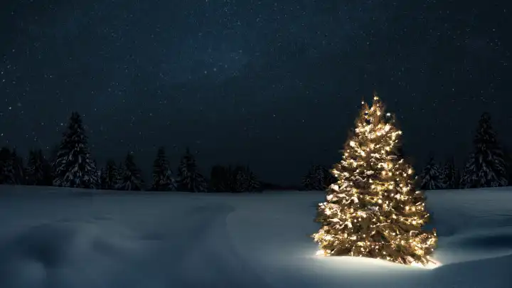 Beautiful festive Christmas tree with lights garlands in a snowy field with forest and stars at Christmas night. New Year and Christmas cards, creative idea.