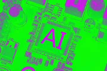 KI, kreative Idee. Chip und künstliche Intelligenz mit grüner und rosa Farbe, Konzept. Chip- und Computer-Hardware, Nahaufnahme. Hauptplatine mit Transistoren