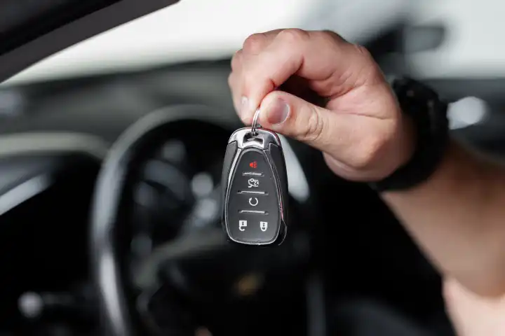 Male driver holding car keys, close-up. Rent a Car. Buying and selling