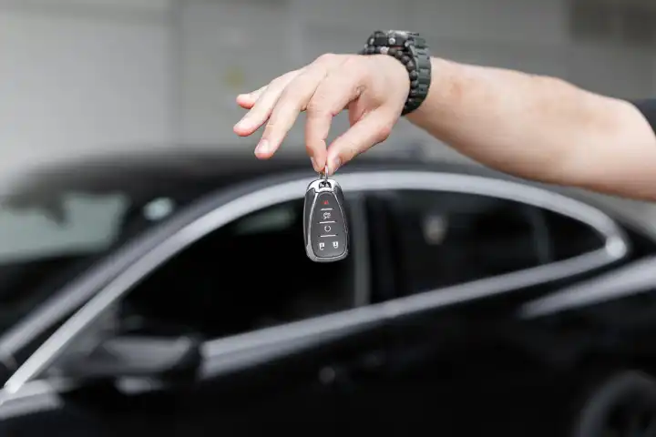 man holds car keys. Car rental and purchase. Transport sales