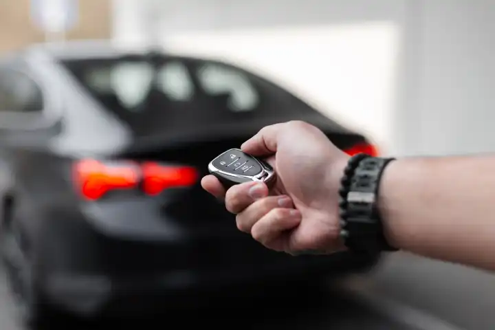 man holds the car keys and locks it. Buying and selling cars. Test Drive