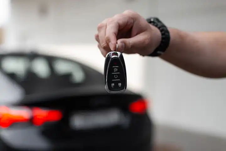 man's hand holds the car keys and gives them to the buyer. Rent a Car. Test Drive