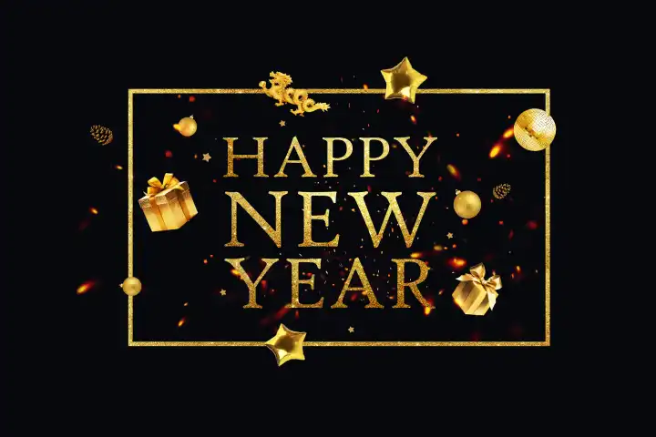 Goldene Happy New Year Text mit goldenen Rahmen, Drache, Party Spiegelkugel, Geschenke und Kiefer fliegen auf einem schwarzen Hintergrund. Luxuriöse Neujahrskarte 2024