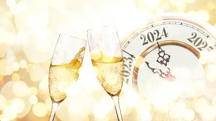 Vintage Gold Uhr schlägt Neujahr 2024 mit Gläsern Champagner auf einem beigen Hintergrund mit Bokeh Lichter. Neujahr 2024 und Weihnachtskarte, kreative Idee. Beginn der Party und Feier Urlaub