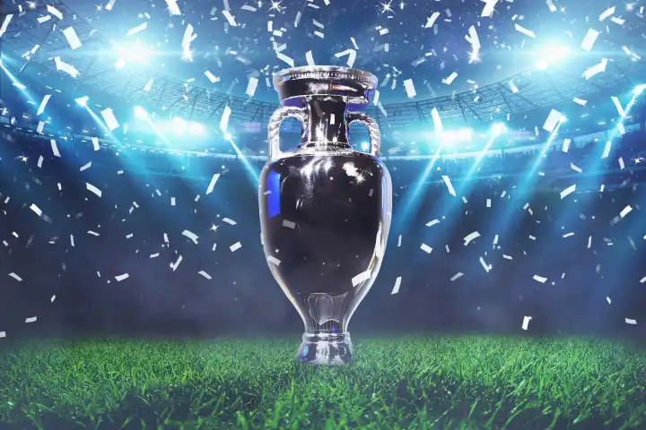 Der Siegerpokal steht auf einem grünen Feld in einem Fußballstadion im Licht von Scheinwerfern und Konfetti. Fußball-Pokalfinale, kreative Idee. Euro 2024 Feier