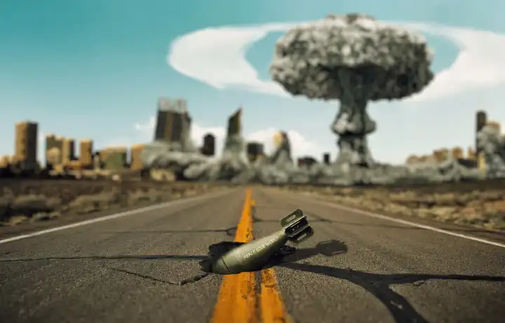 Bomb on the road. Background a nuclear explosion.