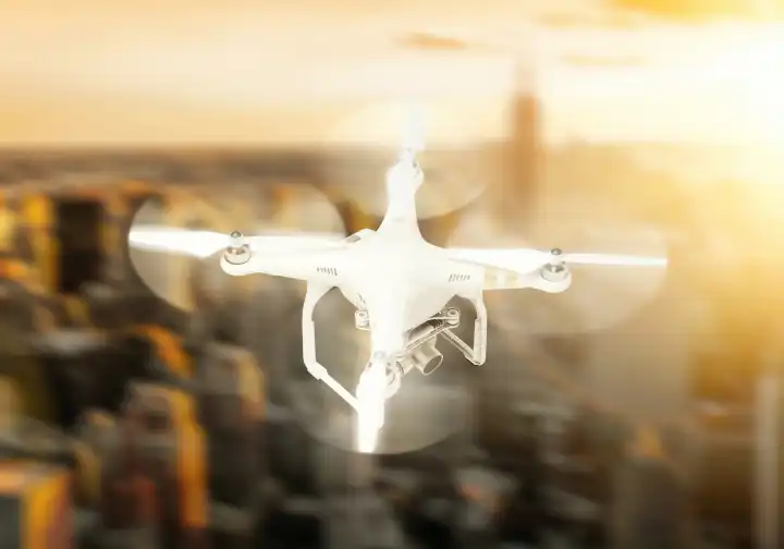 Quadrocopter-Drohne mit der Kamera auf dem Hintergrund der Stadt