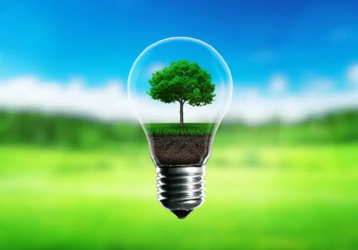 Green seedlings in a light bulb alternative energy concept, green blurred background.