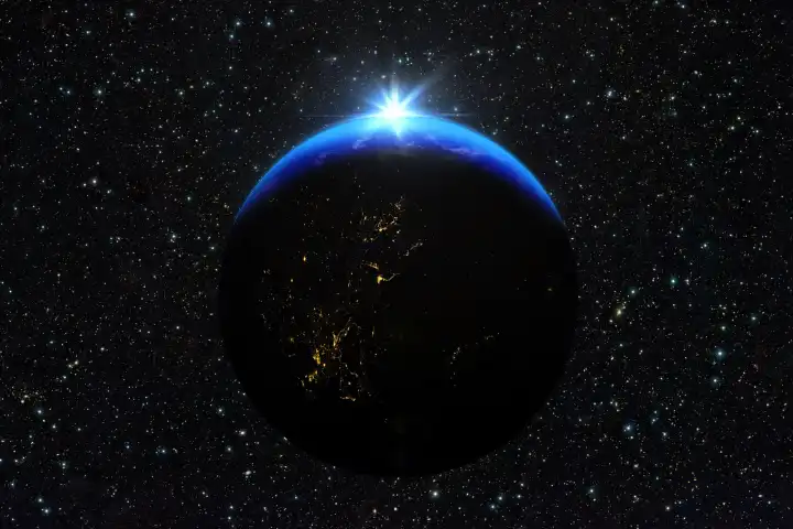 Blauer Sonnenaufgang, Blick auf die Erde aus dem Weltraum.