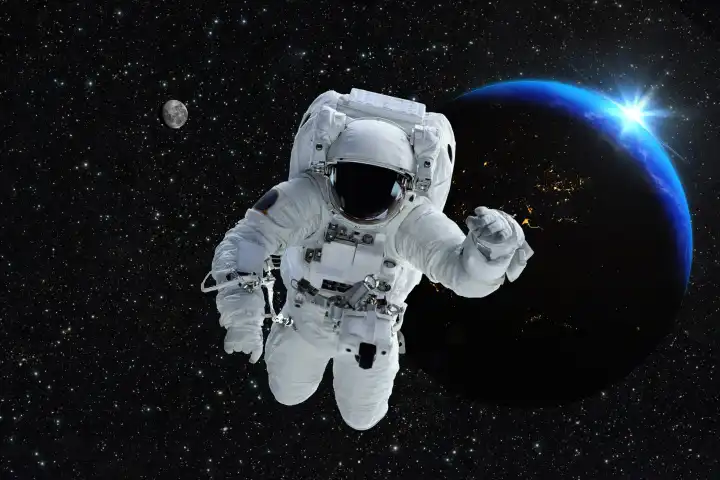 Astronaut spaceman outer space people planet earth moon. Beautiful blue sunrise. Elements of this image furnished by NASA.