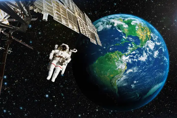 Astronaut im Weltraum vor der Kulisse des Planeten Erde. Elemente dieses Bildes wurden von der NASA zur Verfügung gestellt.