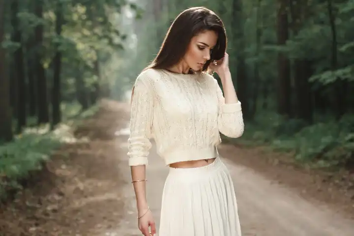 Portrait of a pretty woman in a white sweater on the road in the forest with fog.