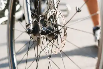 Part of Bike brake disc in close up.